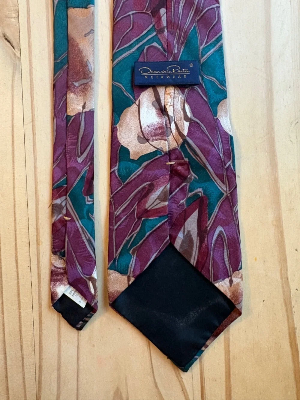 Vintage Oscar de la Renta Silk Floral Necktie Burgundy Teal